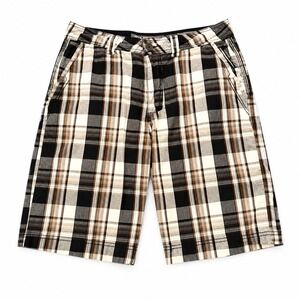 BKE Fenton Shorts Mens 32 Chino Plaid Brown Black Athletic Fit Buckle Preppy
